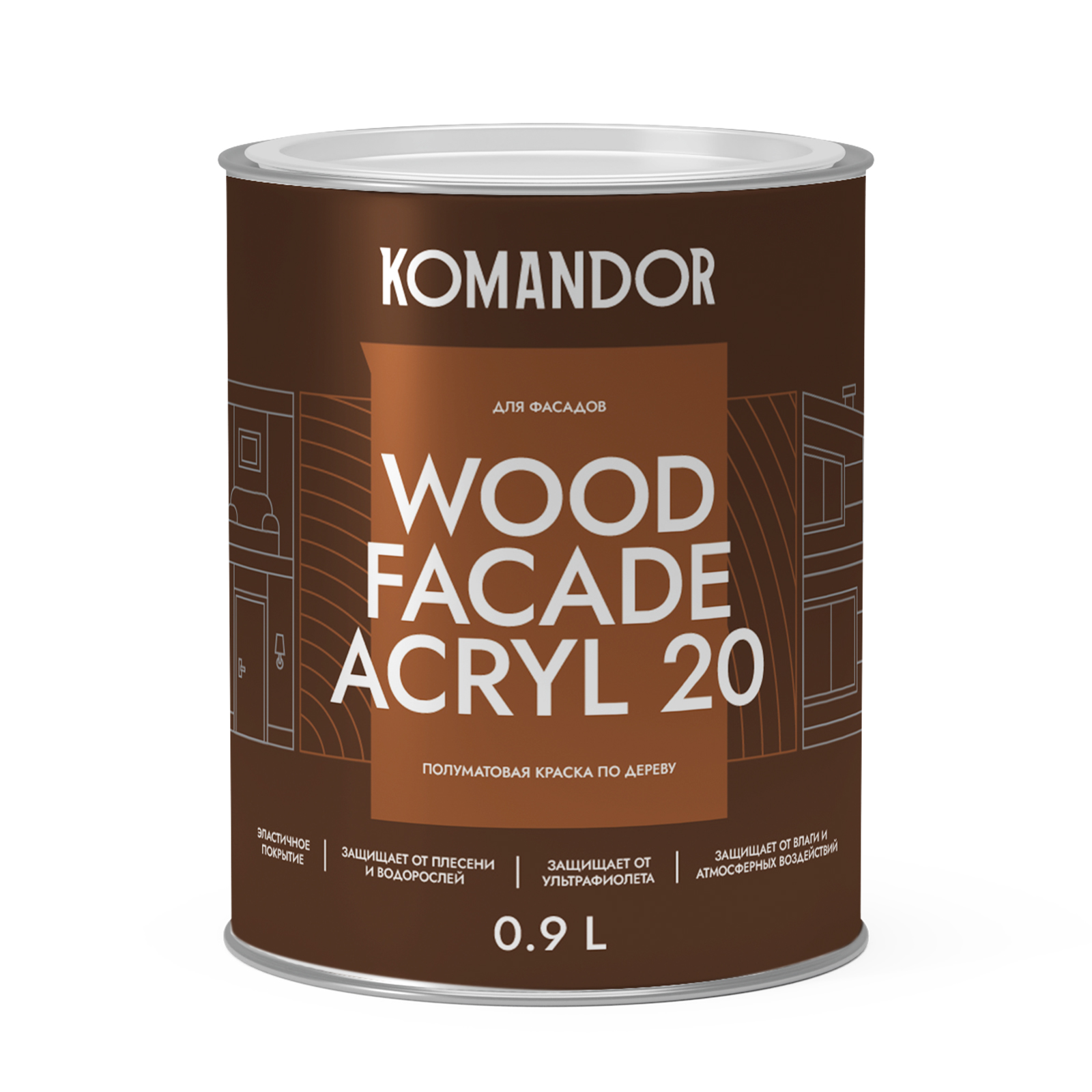 Краска для деревянных фасадов Komandor Wood Facade Akryl 20 С S1320003001 полуматовая 0,9 л - фото 1