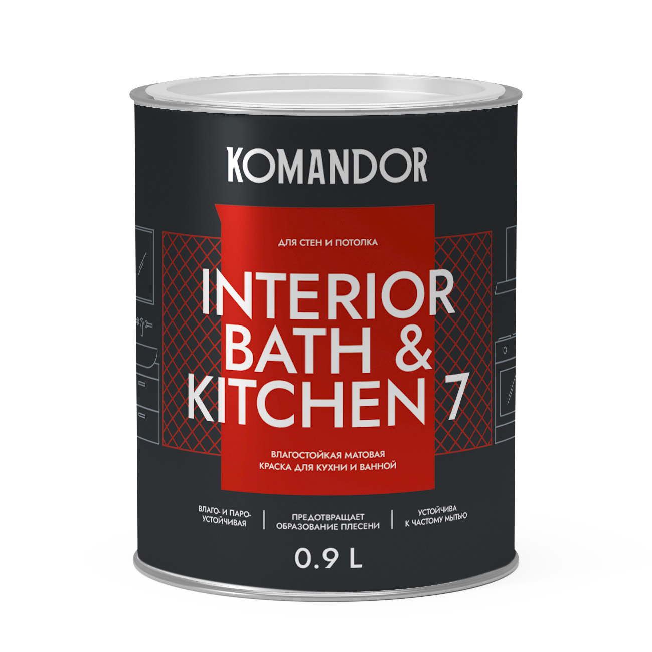 Краска для стен и потолков Komandor Interior Bath&Kitchen 7 A S1304001001 матовая 0,9 л