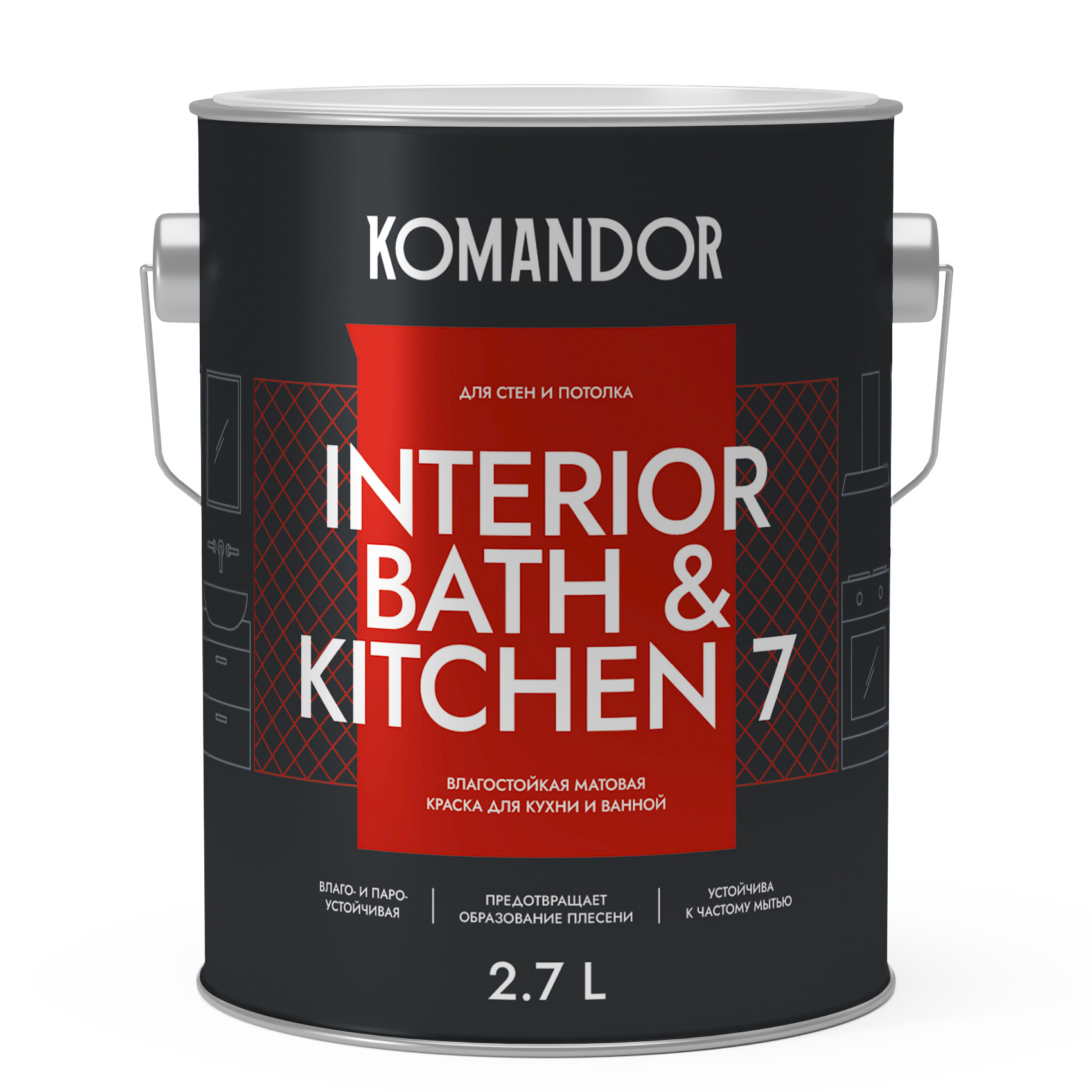 Краска для стен и потолков Komandor Interior Bath&Kitchen 7 A S1304001003 матовая 2,7 л