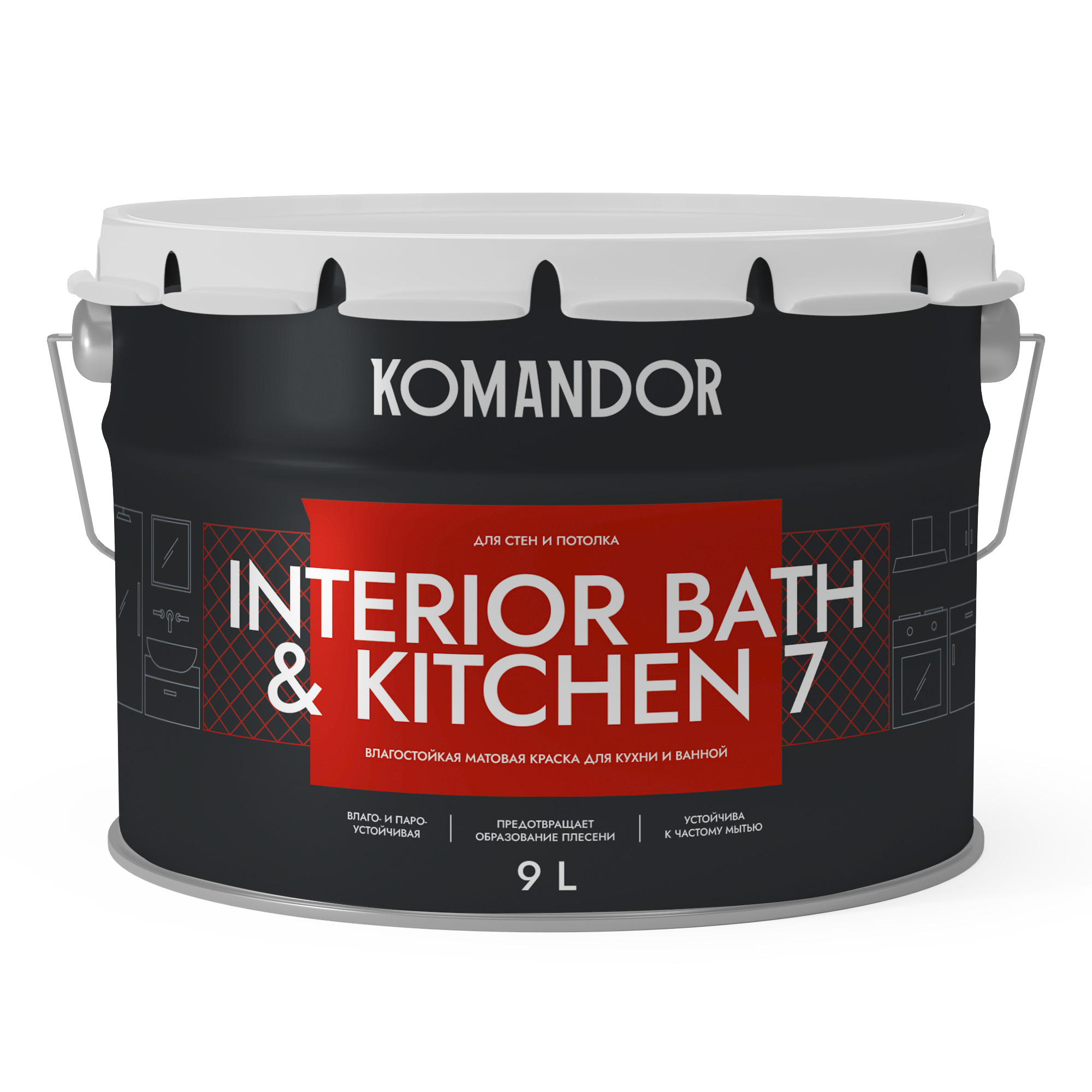 Краска для стен и потолков Komandor Interior Bath&Kitchen 7 A S1304001010 матовая 9 л