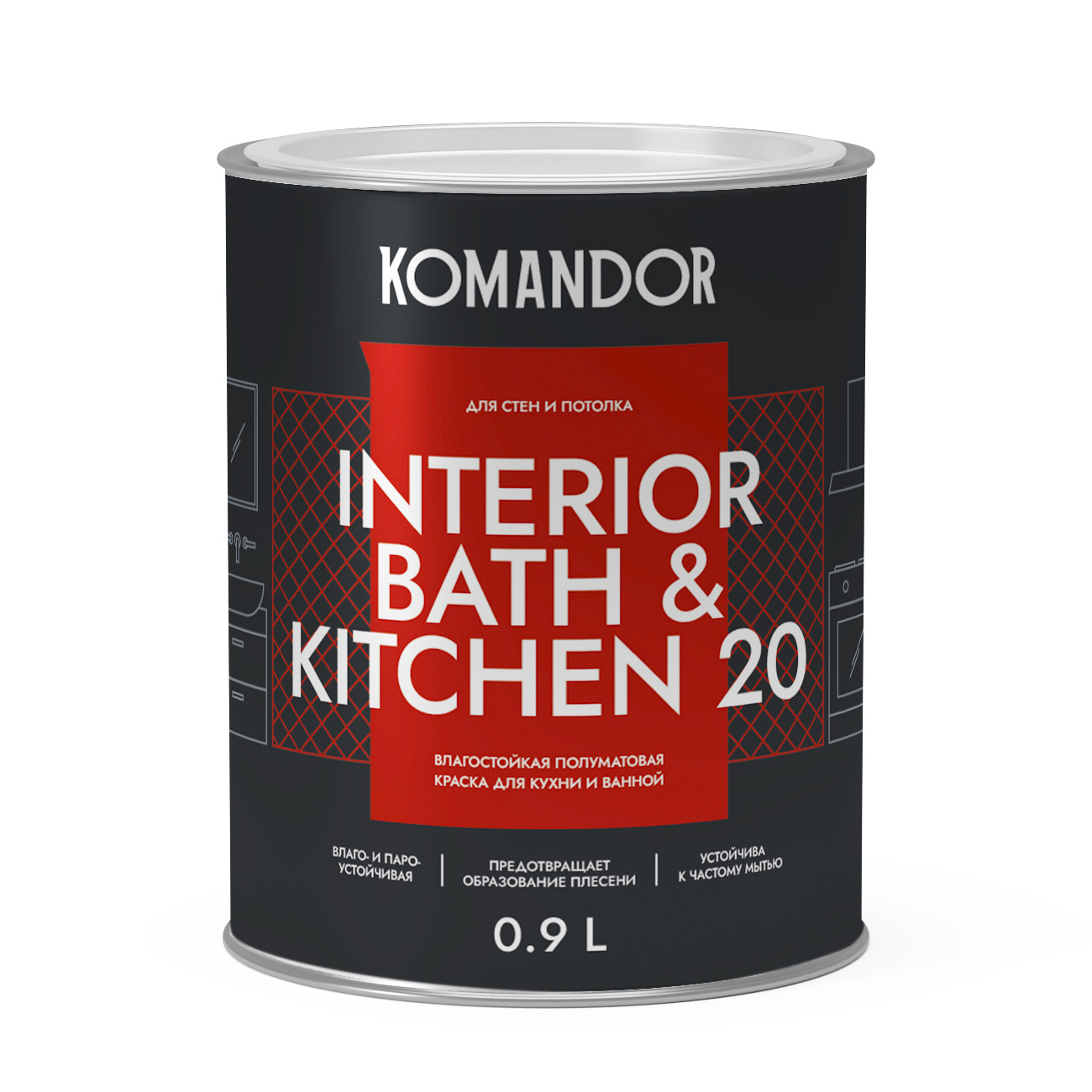 Краска для стен и потолков Komandor Interior Bath&Kitchen 20 A S1305001001 полуматовая 0,9 л