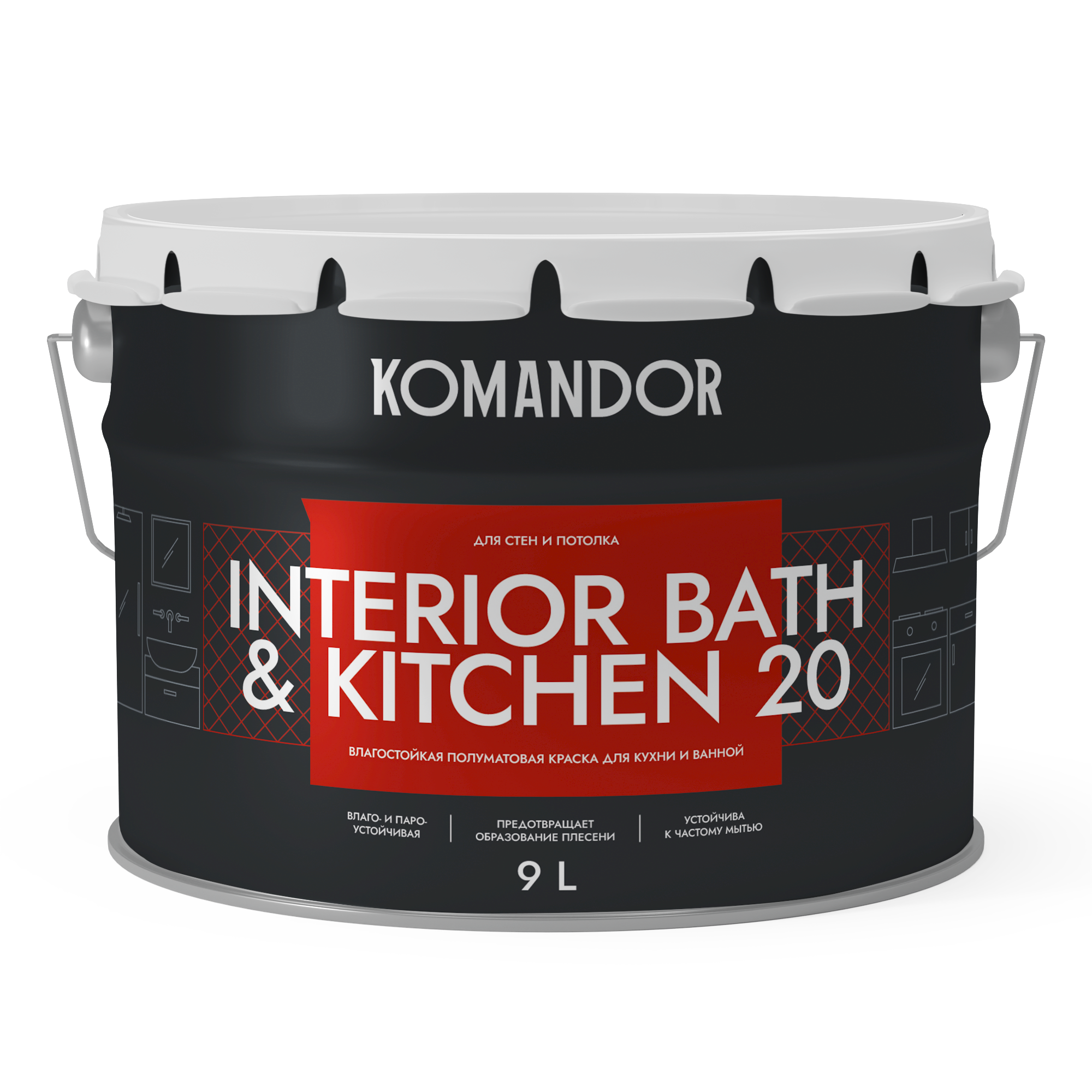 Краска для стен и потолков Komandor Interior Bath&Kitchen 20 A S1305001010 полуматовая 9 л